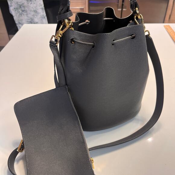 Furla Corona Gray Leather Gold-tone Metal Drawstring Bucket Handbag - Picture 7 of 11